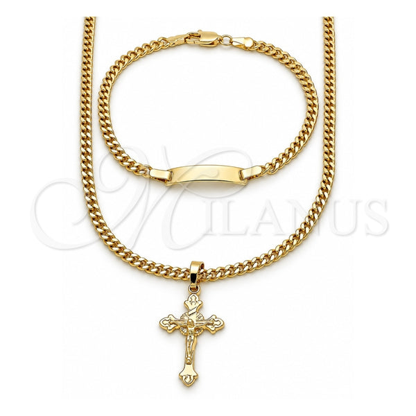 Oro Laminado Necklace and Bracelet, Gold Filled Style Crucifix and Miami Cuban Design, Polished, Golden Finish, 06.63.0274