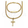 Oro Laminado Necklace and Bracelet, Gold Filled Style Crucifix and Miami Cuban Design, Polished, Golden Finish, 06.63.0274