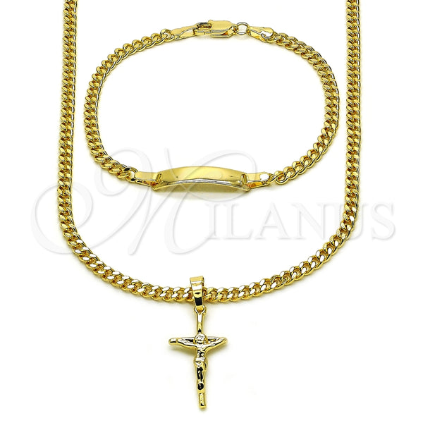 Oro Laminado Necklace and Bracelet, Gold Filled Style Crucifix and Miami Cuban Design, Polished, Golden Finish, 06.63.0275