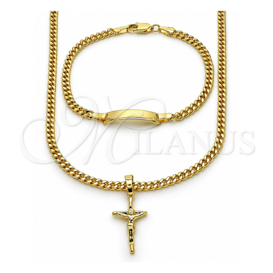 Oro Laminado Necklace and Bracelet, Gold Filled Style Crucifix and Miami Cuban Design, Polished, Golden Finish, 06.63.0275