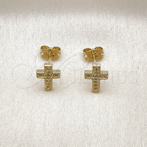Oro Laminado Stud Earring, Gold Filled Style Cross Design, with White Micro Pave, Polished, Golden Finish, 02.411.0071