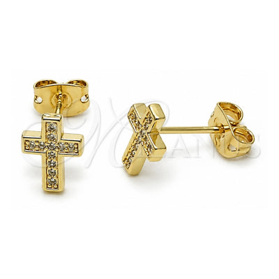 Oro Laminado Stud Earring, Gold Filled Style Cross Design, with White Micro Pave, Polished, Golden Finish, 02.411.0071