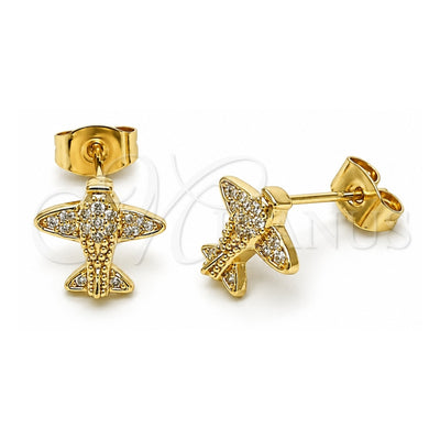Oro Laminado Stud Earring, Gold Filled Style Airplane Design, with White Micro Pave, Polished, Golden Finish, 02.411.0075