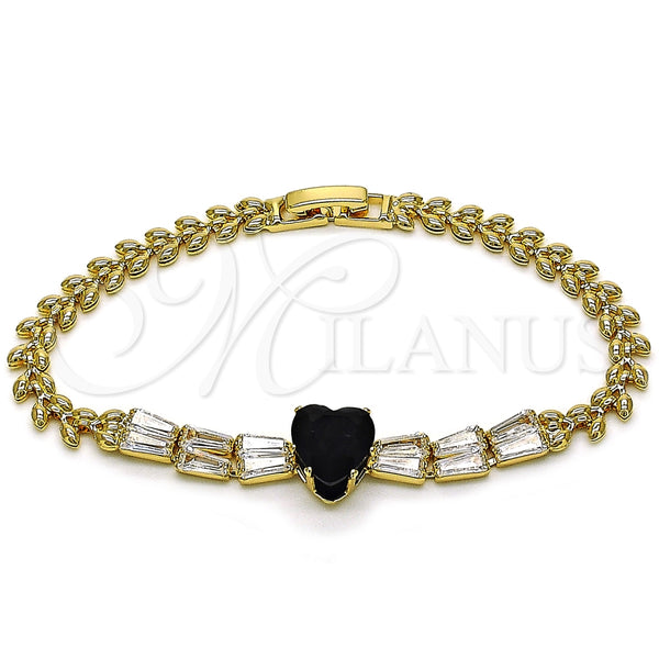 Oro Laminado Fancy Bracelet, Gold Filled Style Heart and Baguette Design, with Black and White Cubic Zirconia, Polished, Golden Finish, 03.283.0304.5.07 (05 MM Thickness, 7 Inches Length)