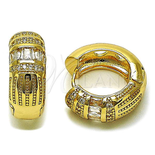 Gold Filled Hoop Earrings — Huggie Hoop Baguette Design with White Cubic Zirconia — main product view — SKU 157699 | Oro Laminado aretes de aro — Huggie Hoop Baguette diseño with blanco Cubic Zirconia — SKU 157699