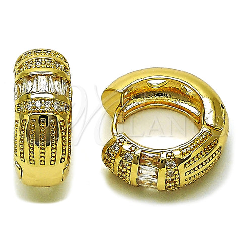 Oro Laminado Huggie Hoop, Gold Filled Style Baguette Design, with White Cubic Zirconia, Polished, Golden Finish, 02.210.0866.22