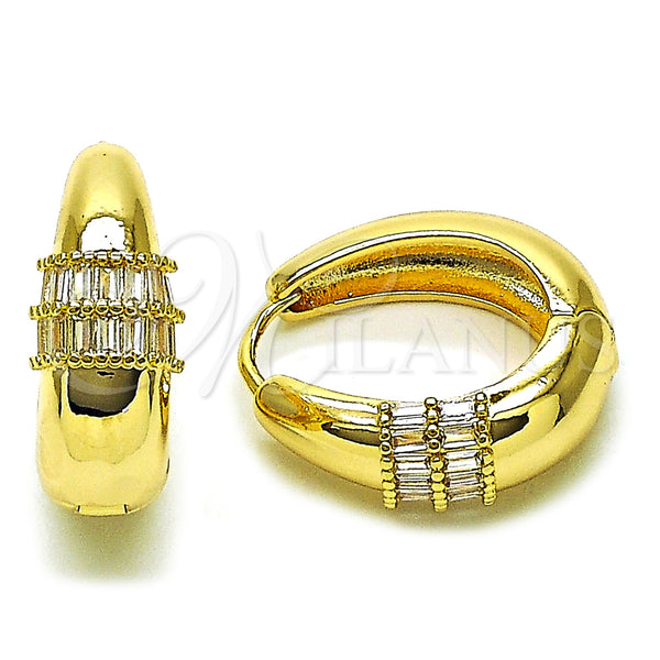 Gold Filled Hoop Earrings — Huggie Hoop Baguette Design with White Cubic Zirconia — main product view — SKU 157701 | Oro Laminado aretes de aro — Huggie Hoop Baguette diseño with blanco Cubic Zirconia — SKU 157701
