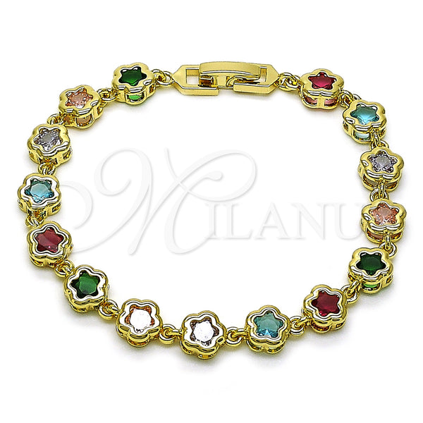 Oro Laminado Fancy Bracelet, Gold Filled Style Flower Design, with Multicolor Cubic Zirconia, Polished, Golden Finish, 03.283.0442.07 (07 MM Thickness, 7 Inches Length)