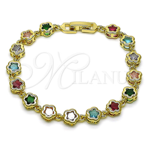 Oro Laminado Fancy Bracelet, Gold Filled Style Flower Design, with Multicolor Cubic Zirconia, Polished, Golden Finish, 03.283.0442.07 (07 MM Thickness, 7 Inches Length)