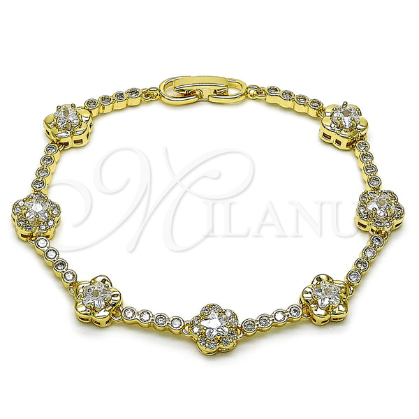 Oro Laminado Fancy Bracelet, Gold Filled Style Flower Design, with White Cubic Zirconia, Polished, Golden Finish, 03.283.0443.07 (09 MM Thickness, 8 Inches Length)