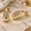 Oro Laminado Stud Earring, Gold Filled Style Teardrop Design, with White Micro Pave, Polished, Golden Finish, 02.283.0201
