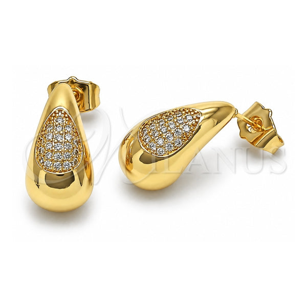 Oro Laminado Stud Earring, Gold Filled Style Teardrop Design, with White Micro Pave, Polished, Golden Finish, 02.283.0201