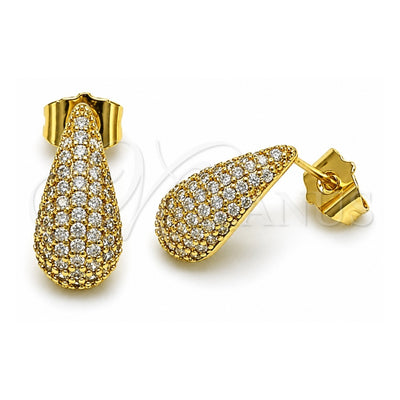 Oro Laminado Stud Earring, Gold Filled Style Teardrop Design, with White Cubic Zirconia, Polished, Golden Finish, 02.283.0206