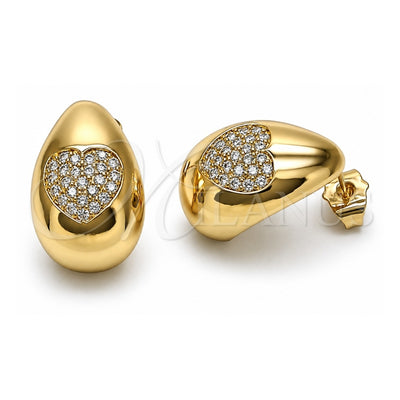 Oro Laminado Stud Earring, Gold Filled Style Teardrop and Heart Design, with White Cubic Zirconia, Polished, Golden Finish, 02.283.0208