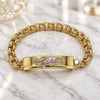 Oro Laminado ID Bracelet, Gold Filled Style San Judas Design, Polished, Tricolor, 03.120.0013.08 (12 MM Thickness, 9 Inches Length)