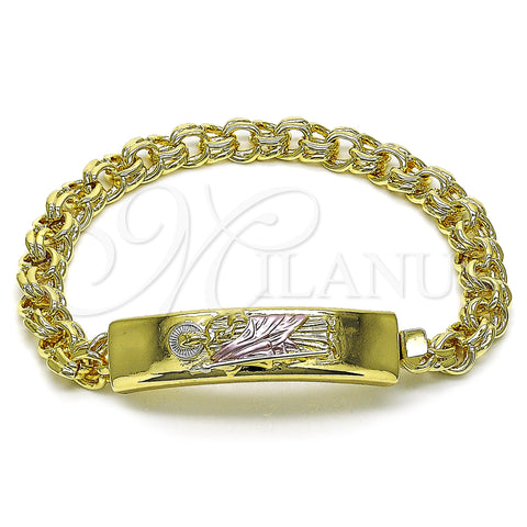 Oro Laminado ID Bracelet, Gold Filled Style San Judas Design, Polished, Tricolor, 03.120.0013.08 (12 MM Thickness, 9 Inches Length)