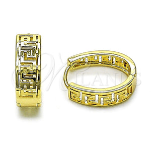 Gold Filled Hoop Earrings — Huggie Hoop Greek Key Design Polished 02. — main product view — SKU 157825 | Oro Laminado aretes de aro — Huggie Hoop Greek Key diseño pulido 02. — SKU 157825