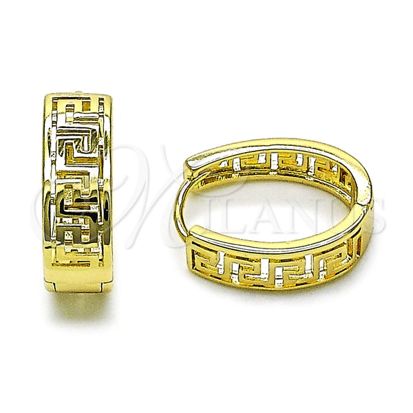 Gold Filled Hoop Earrings — Huggie Hoop Greek Key Design Polished 02. — main product view — SKU 157825 | Oro Laminado aretes de aro — Huggie Hoop Greek Key diseño pulido 02. — SKU 157825