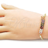 Oro Laminado Fancy Bracelet, Gold Filled Style Four-leaf Clover and Filigree Design, with Multicolor Cubic Zirconia and White Crystal, Polished, Golden Finish, 03.424.0007.07 (03 MM Thickness, 8 Inches Length)