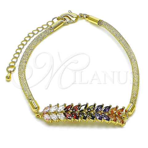 Oro Laminado Fancy Bracelet, Gold Filled Style Four-leaf Clover and Filigree Design, with Multicolor Cubic Zirconia and White Crystal, Polished, Golden Finish, 03.424.0007.07 (03 MM Thickness, 8 Inches Length)