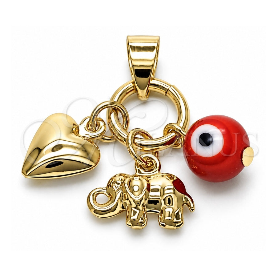 Oro Laminado Religious Pendant, Gold Filled Style Evil Eye and Heart Design, with Garnet Crystal, Polished, Golden Finish, 05.213.0173