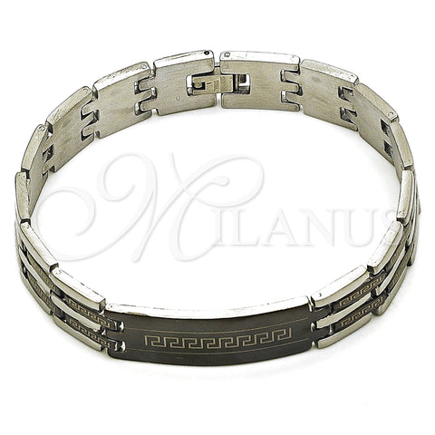 Stainless Steel Solid Bracelet, Greek Key Design, Polished, Two Tone, 03.114.0218.5.09 (14 MM Thickness, 9 Inches Length)