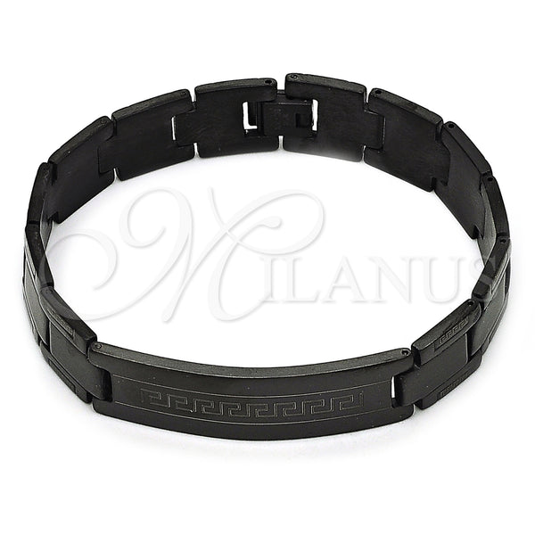 Stainless Steel Solid Bracelet, Greek Key Design, Polished, Black Rhodium Finish, 03.114.0219.4.09 (14 MM Thickness, 9 Inches Length)