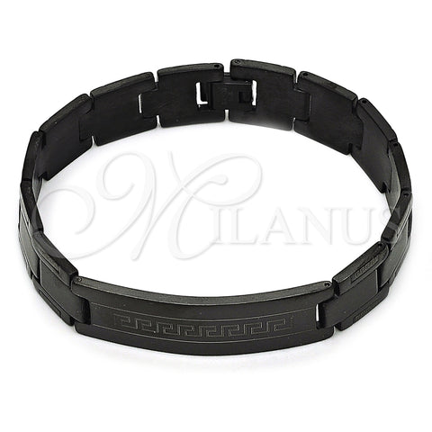 Stainless Steel Solid Bracelet, Greek Key Design, Polished, Black Rhodium Finish, 03.114.0219.4.09 (14 MM Thickness, 9 Inches Length)