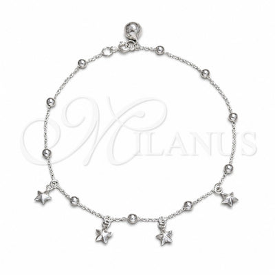 Sterling Silver Charm Anklet, Star and Ball Design, Polished, Silver Finish, 03.409.0041.10 (02 MM Thickness for wholesale, main product view
