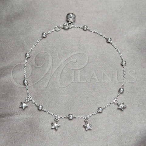 Sterling Silver Charm Anklet , Star and Ball Design, Polished, Silver Finish, 03.409.0041.10 (02 MM Thickness, 10 Inches Length)