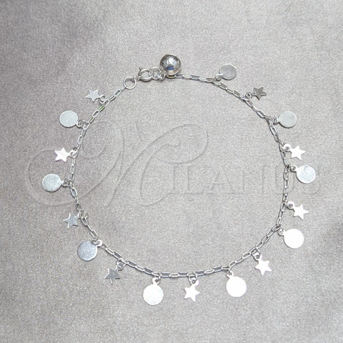 Sterling Silver Charm Anklet , Star and Ball Design, Polished, Silver Finish, 03.409.0042.10 (02 MM Thickness, 10 Inches Length)