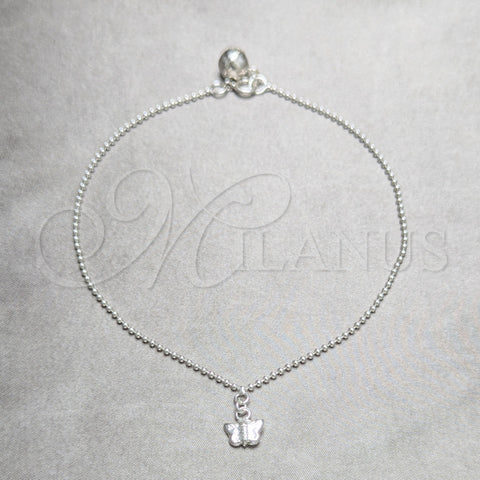 Sterling Silver Charm Anklet , Butterfly and Ball Design, Polished, Silver Finish, 03.409.0045.10 (02 MM Thickness, 10 Inches Length)