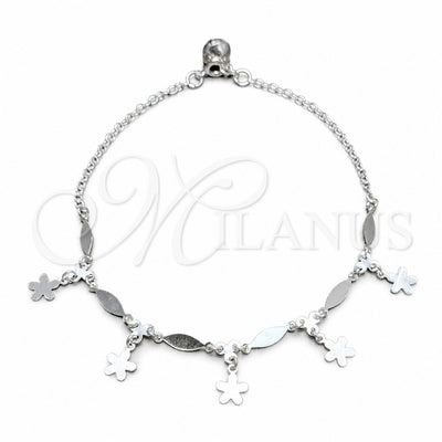 Sterling Silver Charm Anklet, Flower and Diamond Design, Polished, Silver Finish, 03.409.0046.10 (02 MM for wholesale, main product view