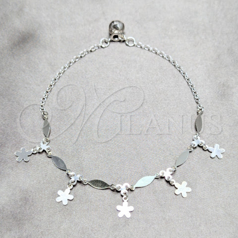 Sterling Silver Charm Anklet , Flower and Diamond Design, Polished, Silver Finish, 03.409.0046.10 (02 MM Thickness, 10 Inches Length)