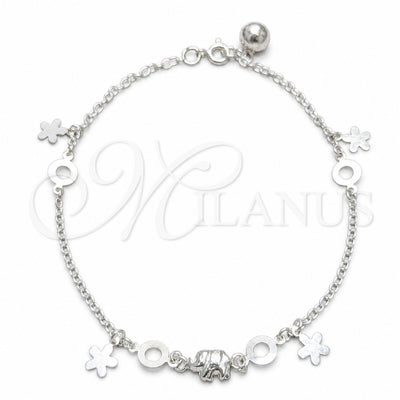 Sterling Silver Charm Anklet, Flower and Elephant Design, Polished, Silver Finish, 03.409.0050.10 (02 MM for wholesale, main product view