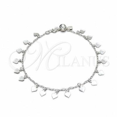 Sterling Silver Charm Anklet, Heart Design, Polished, Silver Finish, 03.409.0051.10 (02 MM Thickness, 10 Inches for wholesale, main product view