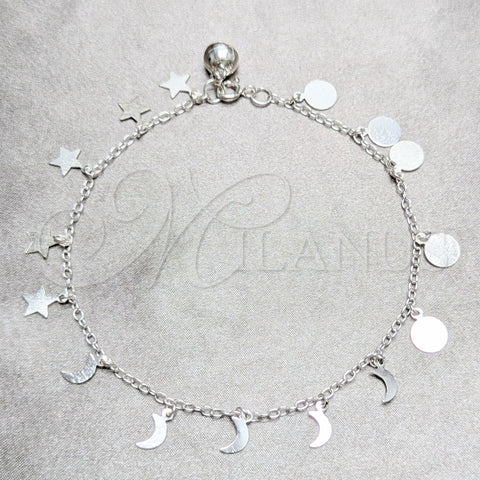 Sterling Silver Charm Anklet , Moon and Star Design, Polished, Silver Finish, 03.409.0052.10 (02 MM Thickness, 10 Inches Length)