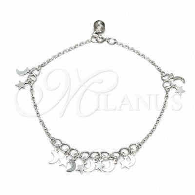 Sterling Silver Charm Anklet, Star and Moon Design, Polished, Silver Finish, 03.409.0055.10 (01 MM Thickness for wholesale, main product view