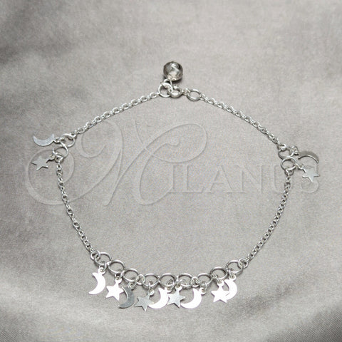 Sterling Silver Charm Anklet , Star and Moon Design, Polished, Silver Finish, 03.409.0055.10 (01 MM Thickness, 10 Inches Length)