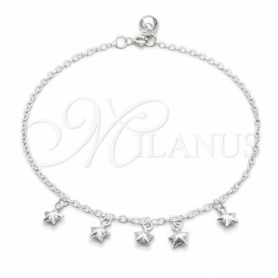 Sterling Silver Charm Anklet, Star Design, Polished, Silver Finish, 03.409.0056.10 (01 MM Thickness, 10 Inches for wholesale, main product view