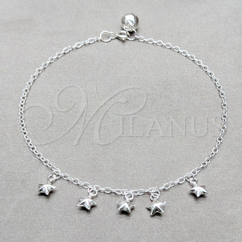 Sterling Silver Charm Anklet , Star Design, Polished, Silver Finish, 03.409.0056.10 (01 MM Thickness, 10 Inches Length)