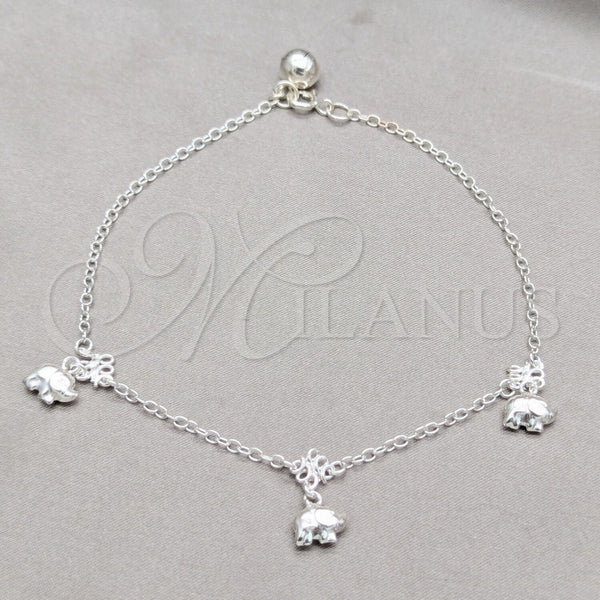 Sterling Silver Fancy Anklet, Elephant Design, Polished, Silver Finish, 03.409.0057.10