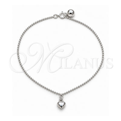 Sterling Silver Charm Anklet , Heart Design, Polished, Silver Finish, 03.409.0059.10 (01 MM Thickness, 10 Inches Length)