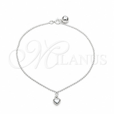 Sterling Silver Charm Anklet, Heart Design, Polished, Silver Finish, 03.409.0059.10 (01 MM Thickness, 10 Inches for wholesale, main product view