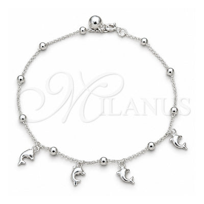 Sterling Silver Charm Anklet , Dolphin and Ball Design, Polished, Silver Finish, 03.409.0060.10 (01 MM Thickness, 10 Inches Length)