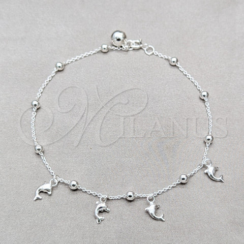 Sterling Silver Charm Anklet , Dolphin and Ball Design, Polished, Silver Finish, 03.409.0060.10 (01 MM Thickness, 10 Inches Length)