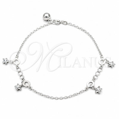 Sterling Silver Charm Anklet, Star Design, Polished, Silver Finish, 03.409.0061.10 (01 MM Thickness, 10 Inches for wholesale, main product view