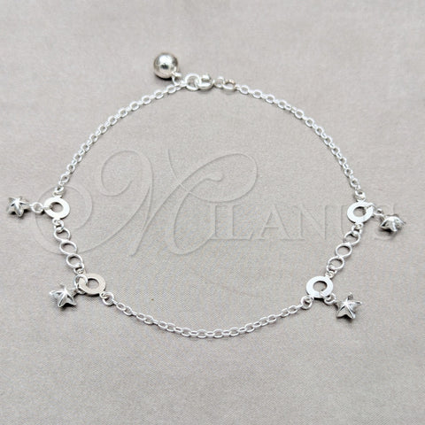 Sterling Silver Charm Anklet , Star Design, Polished, Silver Finish, 03.409.0061.10 (01 MM Thickness, 10 Inches Length)