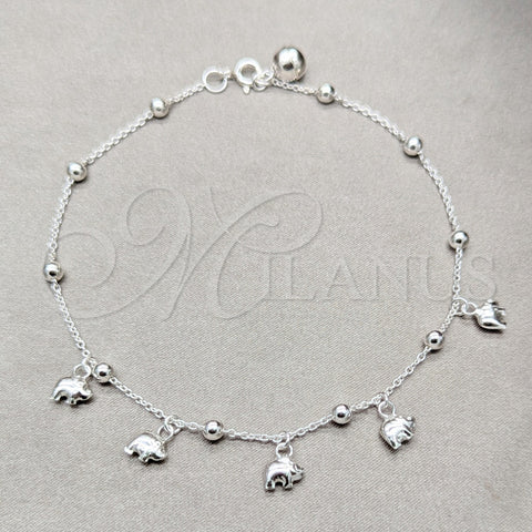 Sterling Silver Charm Anklet , Elephant and Ball Design, Polished, Silver Finish, 03.409.0063.10 (01 MM Thickness, 10 Inches Length)
