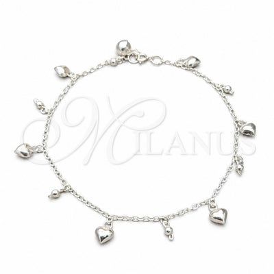 Sterling Silver Charm Anklet, Heart and Ball Design, Polished, Silver Finish, 03.409.0068.10 (01 MM Thickness for wholesale, main product view